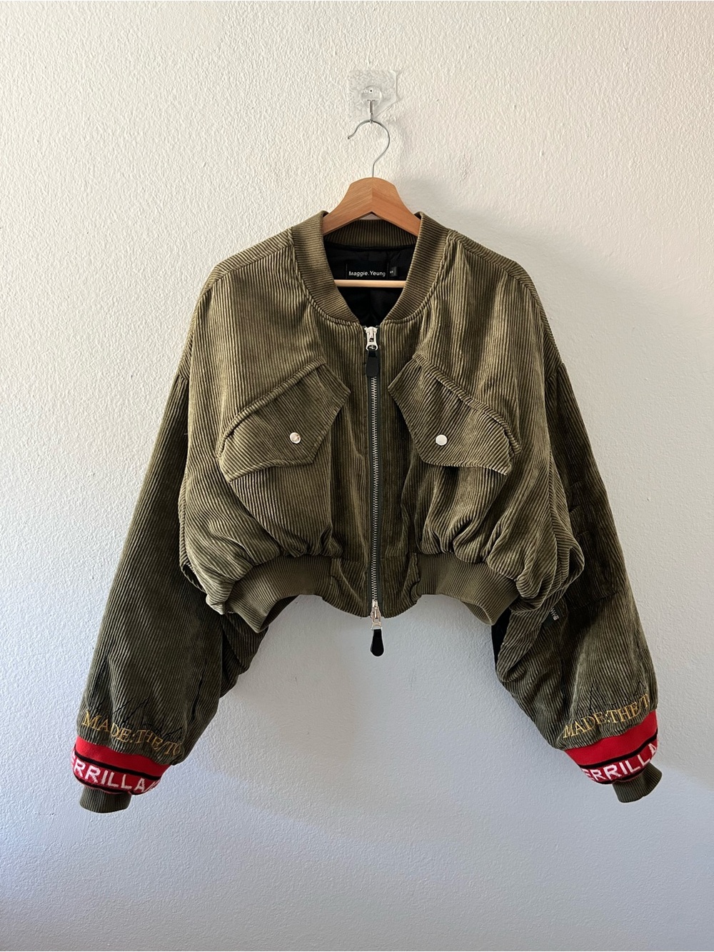 Maggie Young Olive Green Cropped Corduroy Bomber Jacket Balloon Sleeves Small